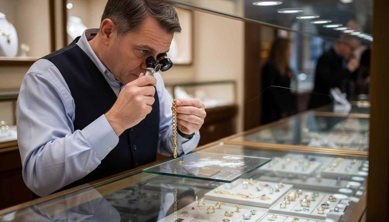 Appraiser evaluating fine jewelry at display case