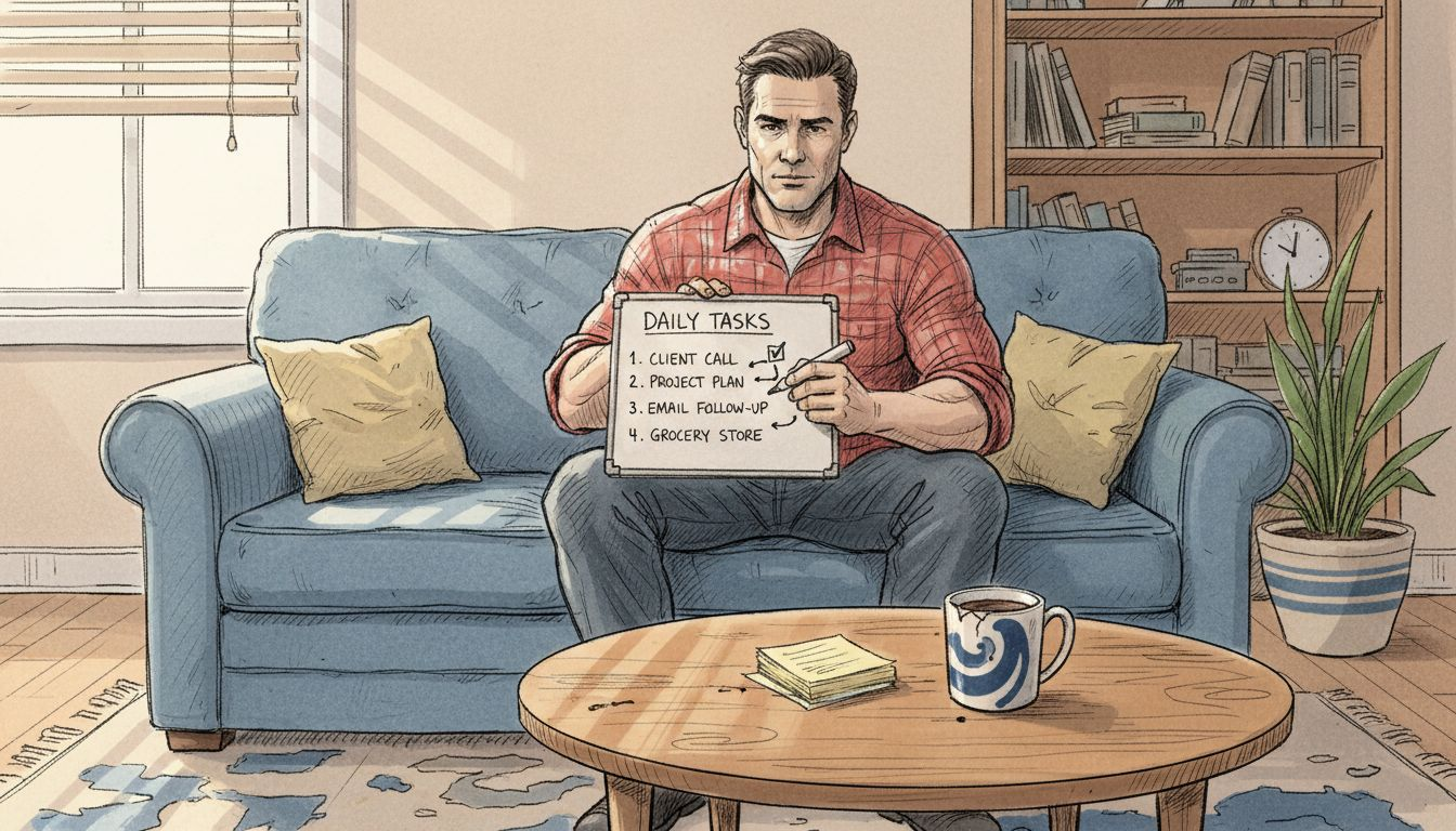 Man planning tasks with whiteboard at home