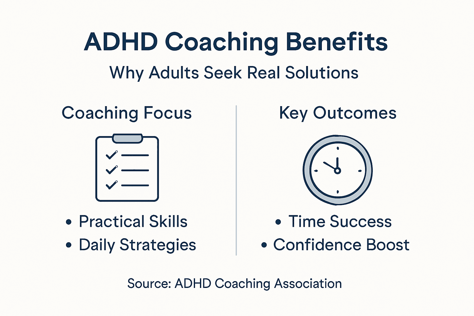ADHD coaching benefits infographic with main points