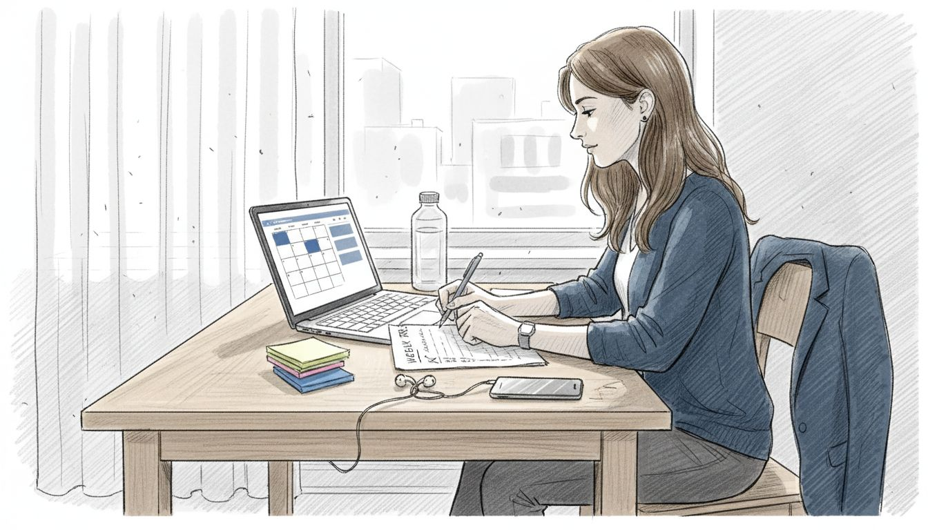 Woman uses paper and digital productivity tools at table