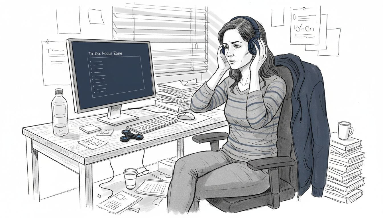 Woman optimizing workspace for ADHD productivity