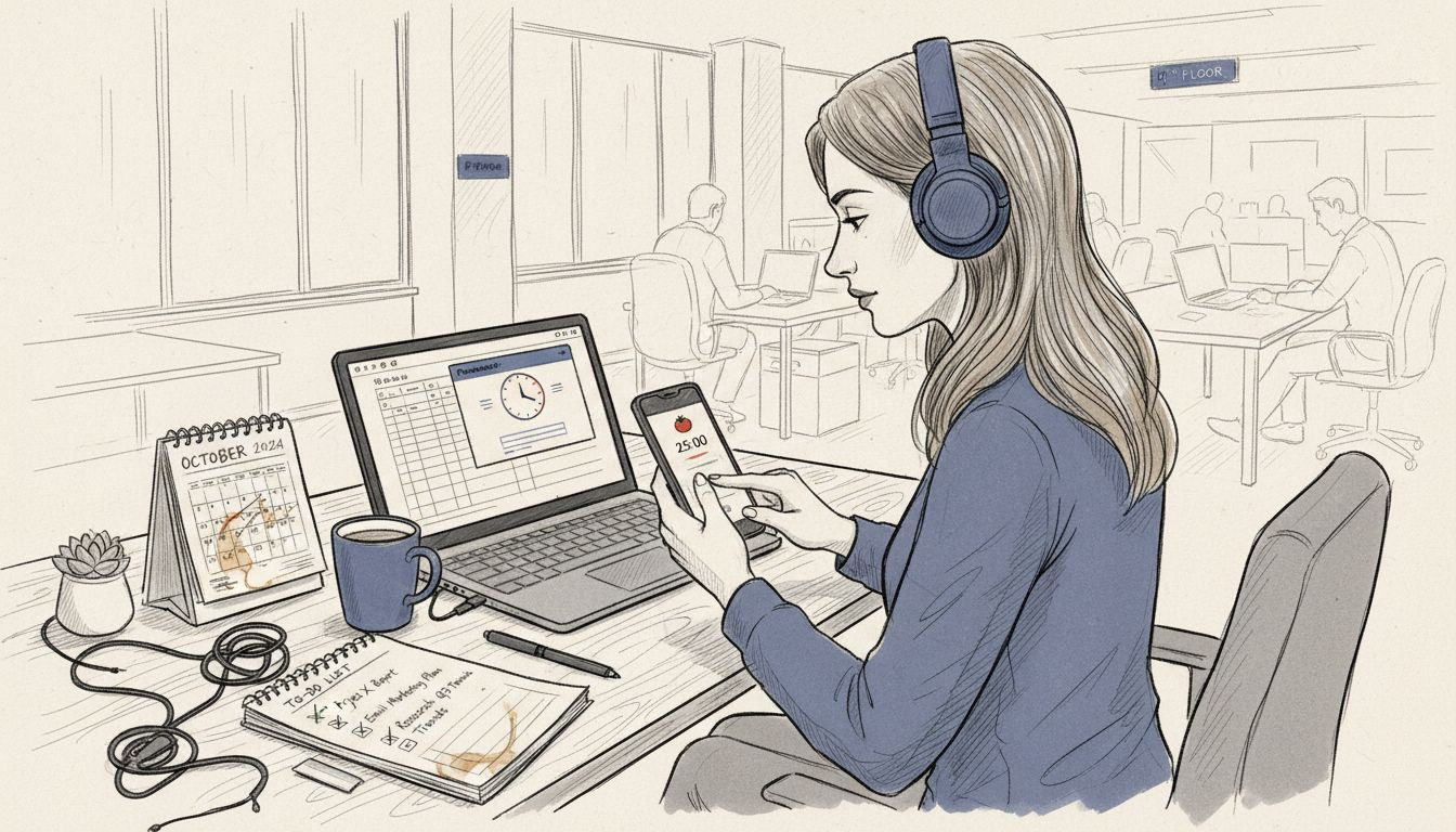 Woman using Pomodoro timer at shared desk