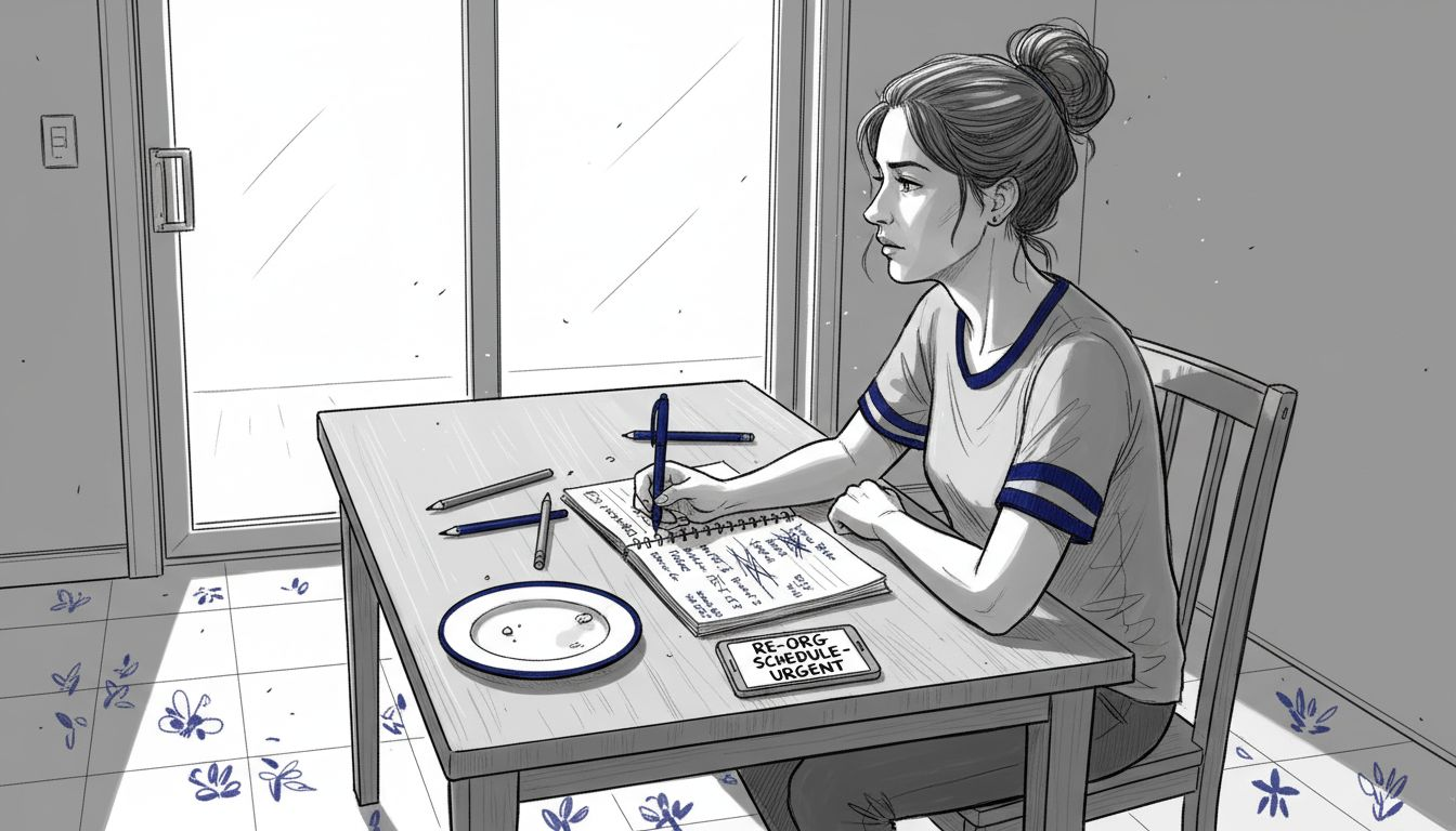 Woman revising ADHD planning on kitchen table