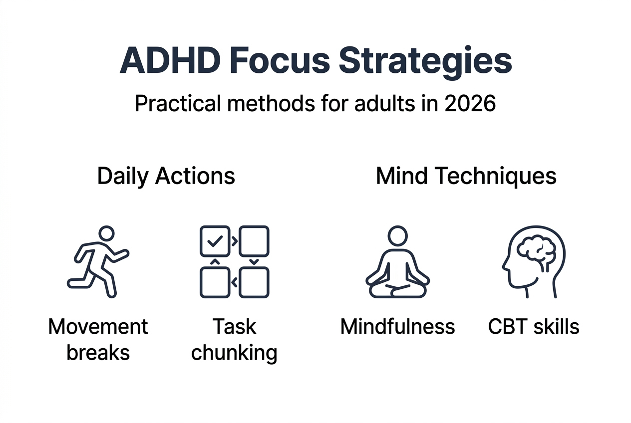 Infographic with ADHD focus strategies for adults