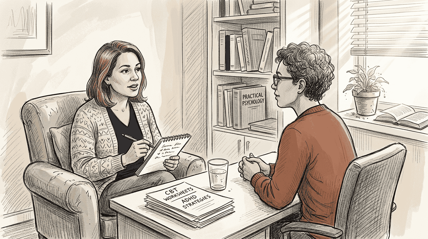 Adult with ADHD in CBT therapy session