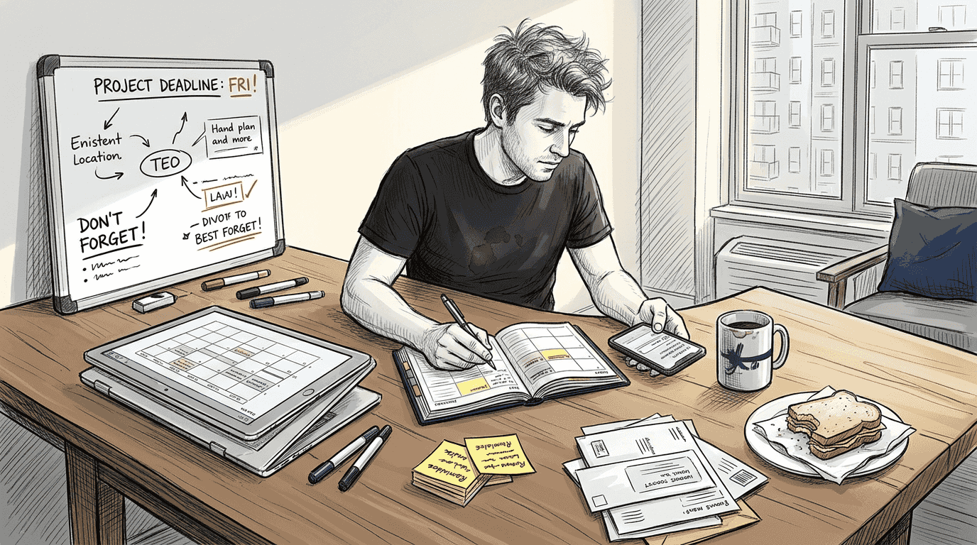 Man planning with color-coded planner and phone