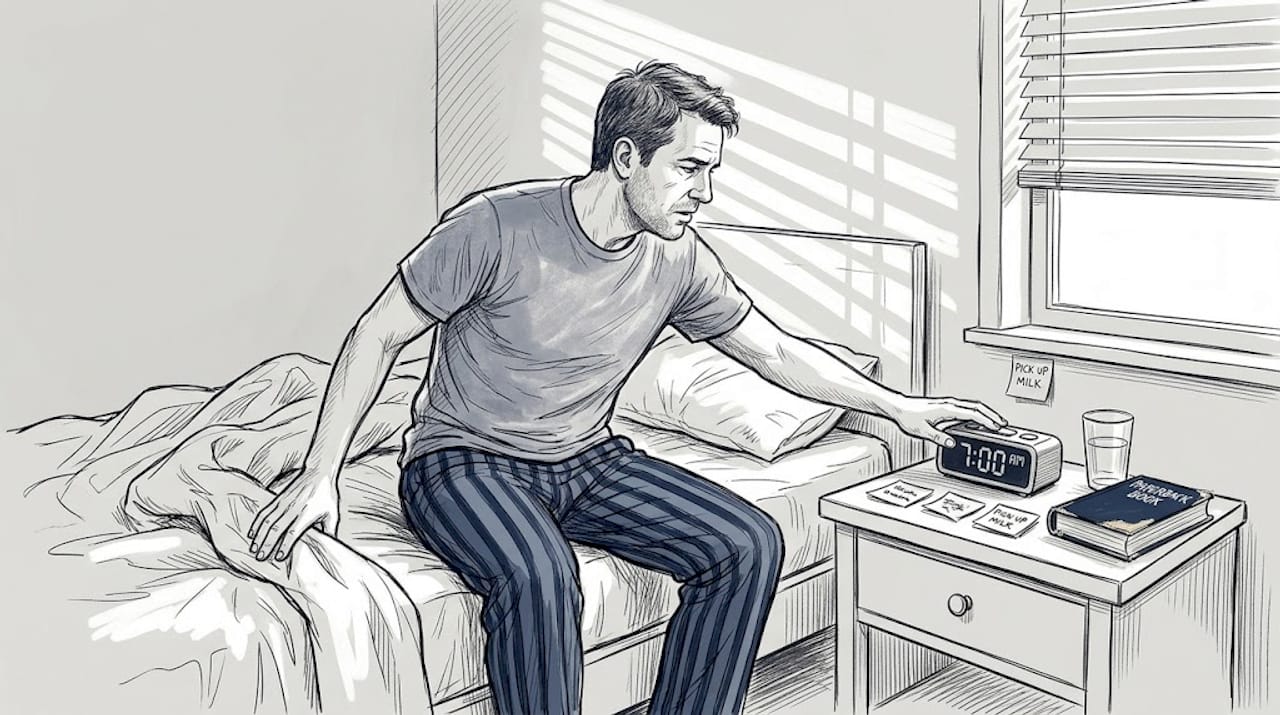 Man starts morning routine with alarm clock