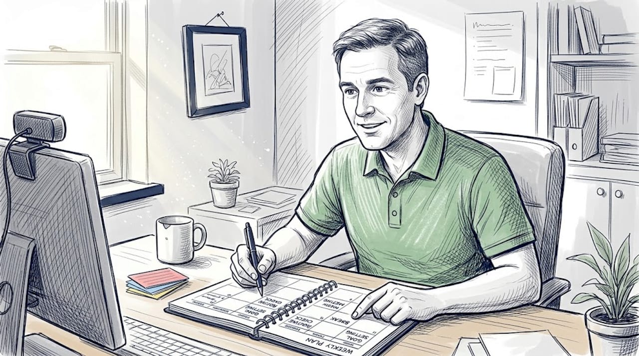 ADHD coach reviewing tools with planner and cards