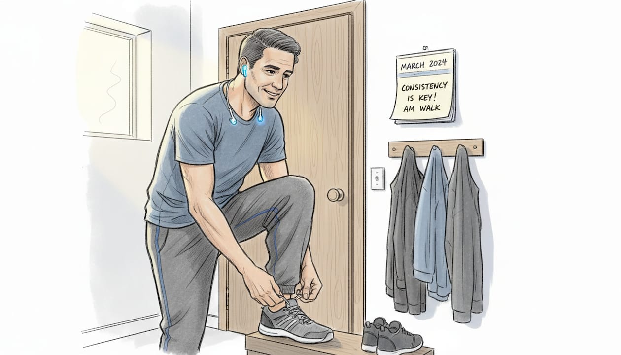 Man preparing for daily morning walk indoors