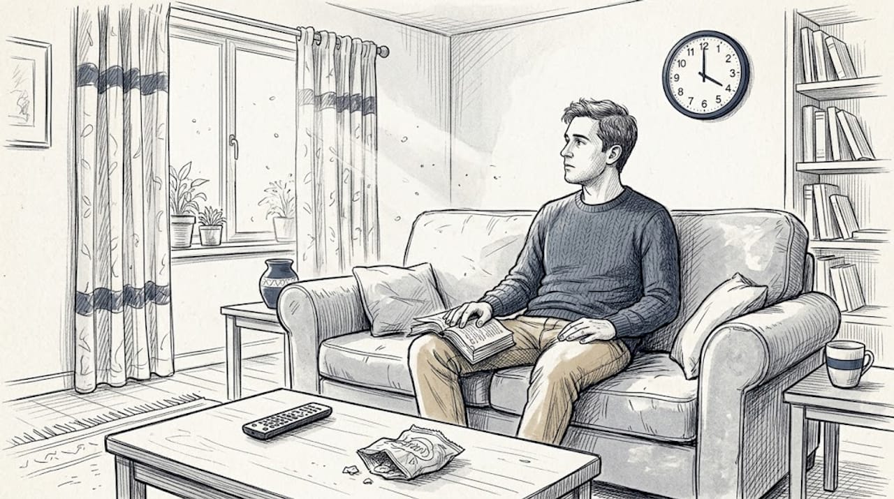 Man distracted watching wall clock in living room