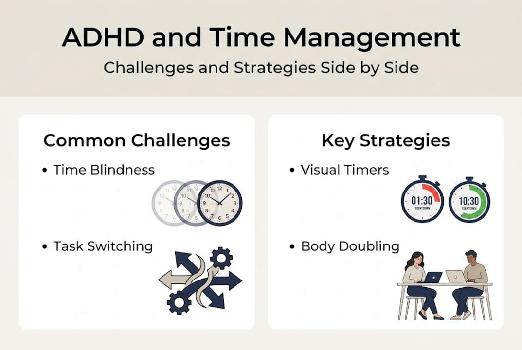 Infographic showing ADHD challenges and strategies side by side