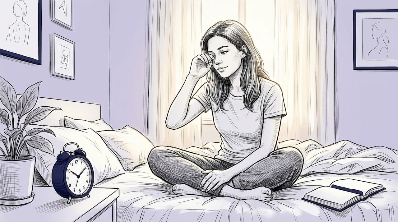 Tired woman checking phone morning after poor sleep