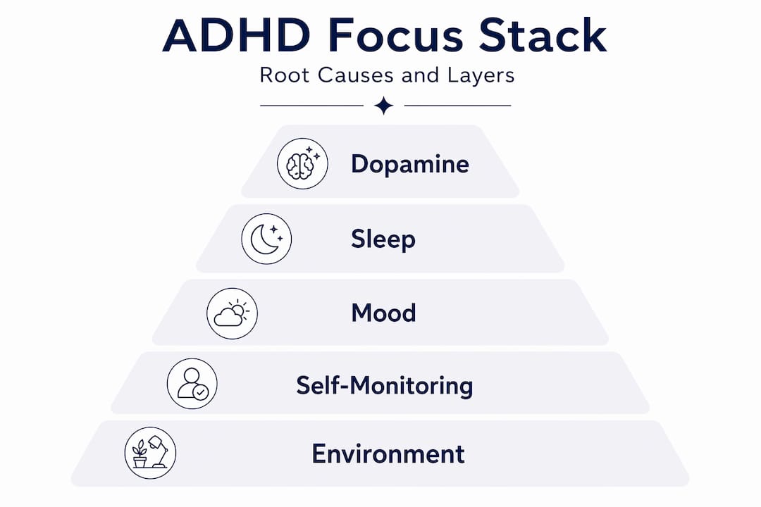Pyramid infographic of layered ADHD focus factors