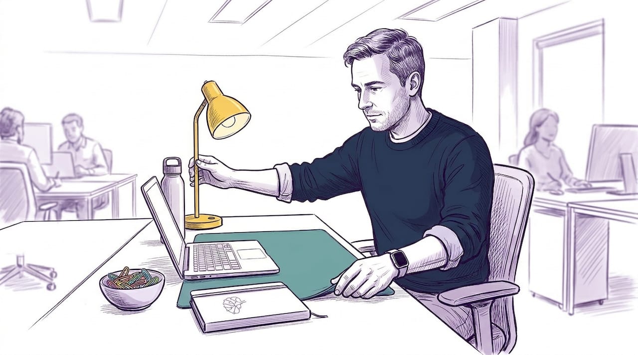 Man creating visual work boundary in open office