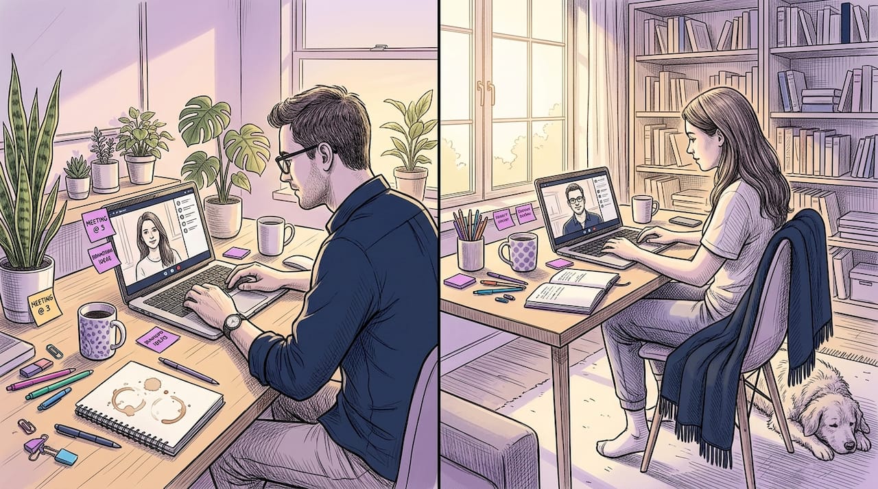 Two remote workers body doubling via video
