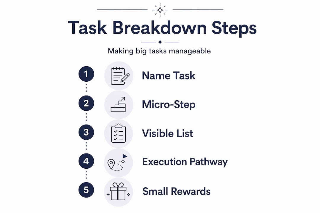 Infographic showing five ADHD task breakdown steps