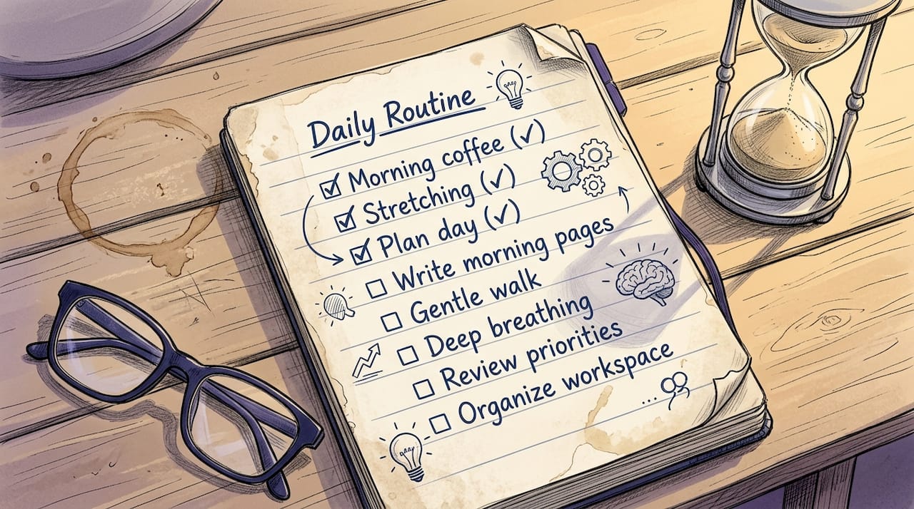 Close-up daily routine checklist and timer on table
