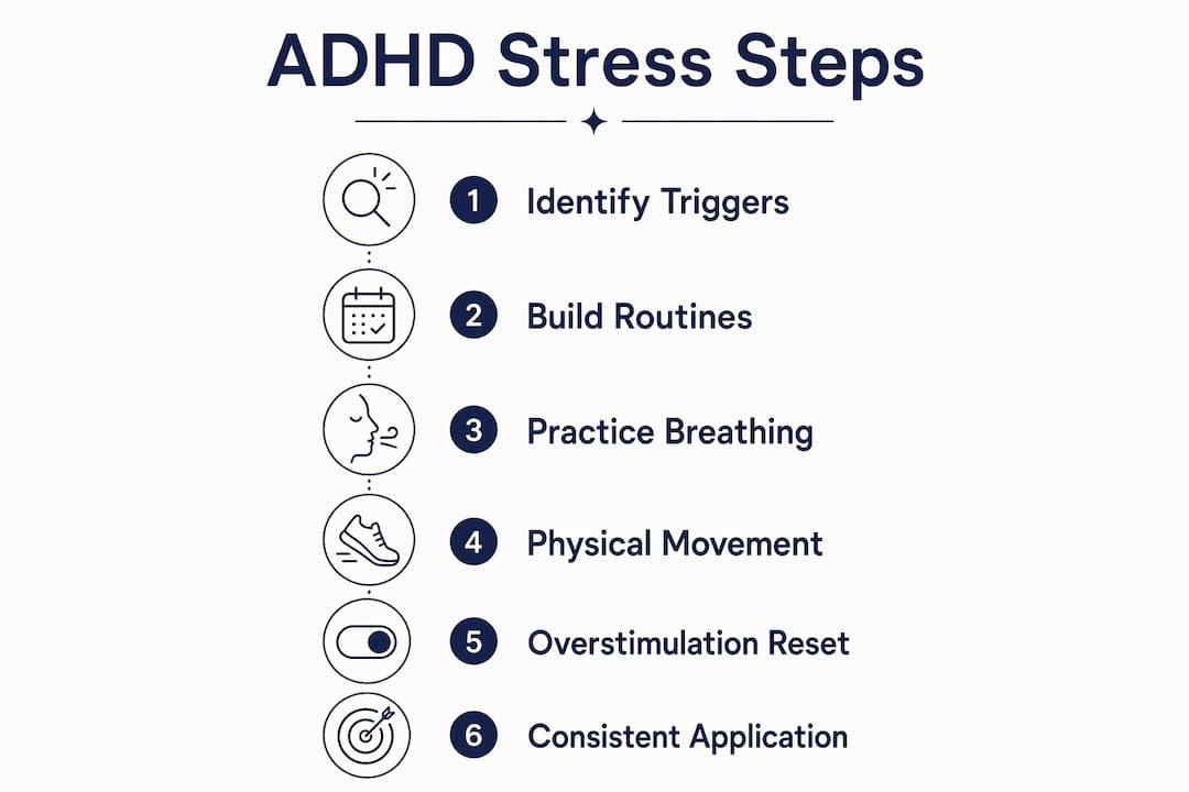 Infographic of six ADHD stress reduction steps in vertical flow
