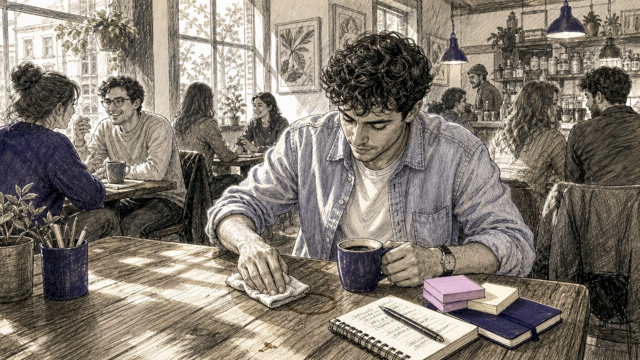 Hands clearing cluttered desk with sticky notes