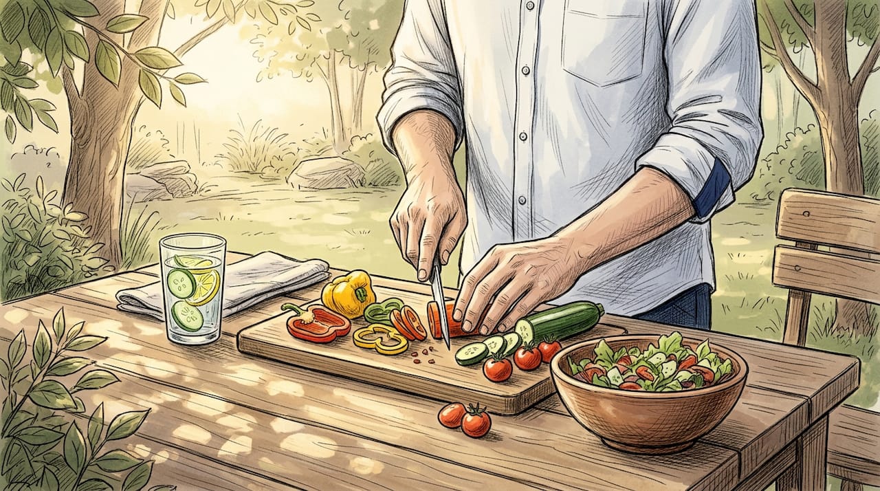 Hands preparing healthy salad for body regulation