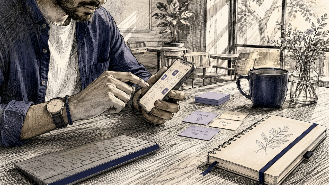 Hands managing apps on smartphone for freelancing