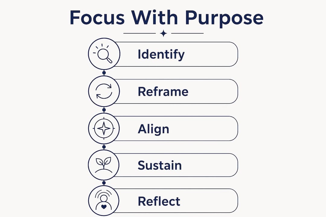 Infographic showing five steps to focus with purpose