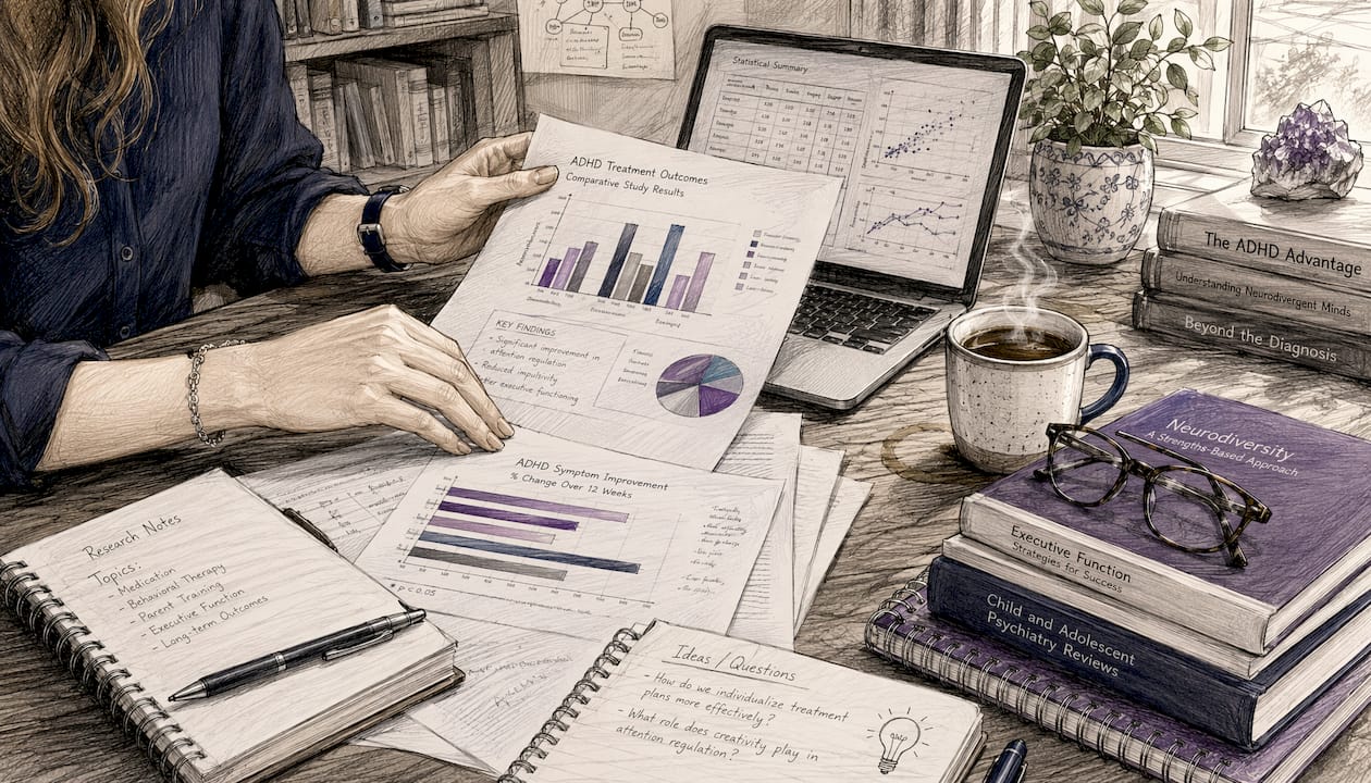 Researcher sorting ADHD study data papers
