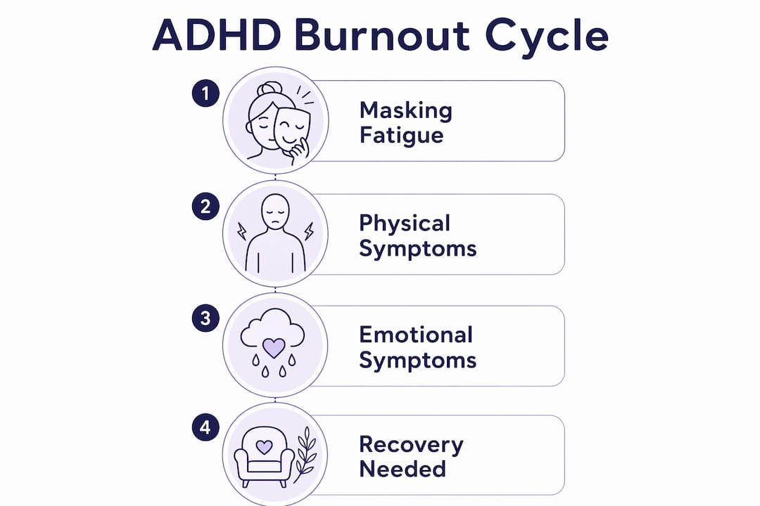 Infographic showing ADHD burnout cycle steps