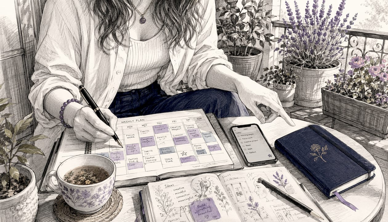 Hands interacting with planner and smartphone on desk