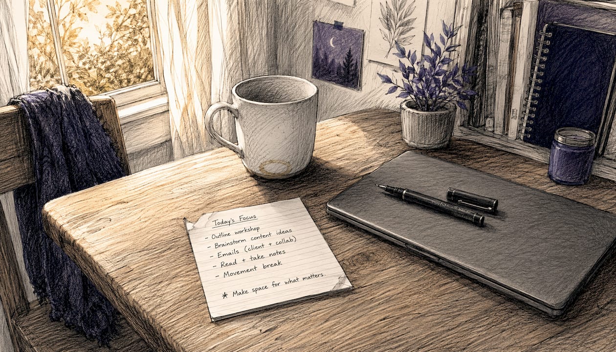 Overhead view of index card with tasks on desk