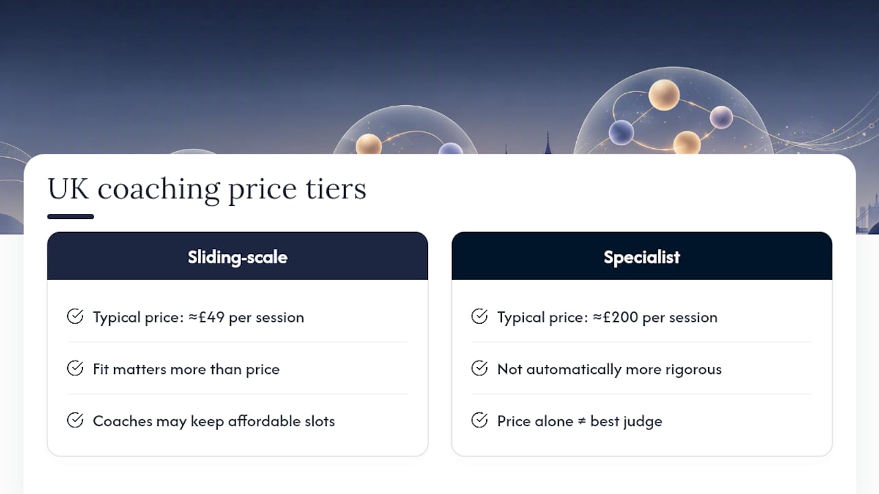 Diagram comparing UK ADHD coaching pricing tiers with VAT inclusion