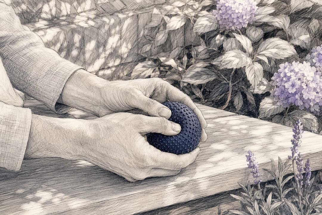 Hands squeezing stress ball on armchair