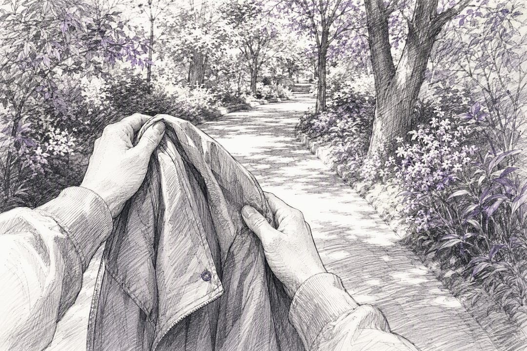 Hands mid-walk holding jacket sleeve outdoors