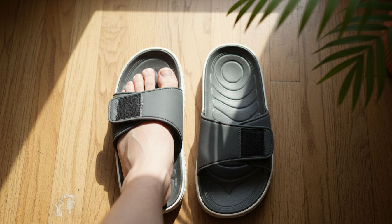 Closeup of ergonomic slide sandal features