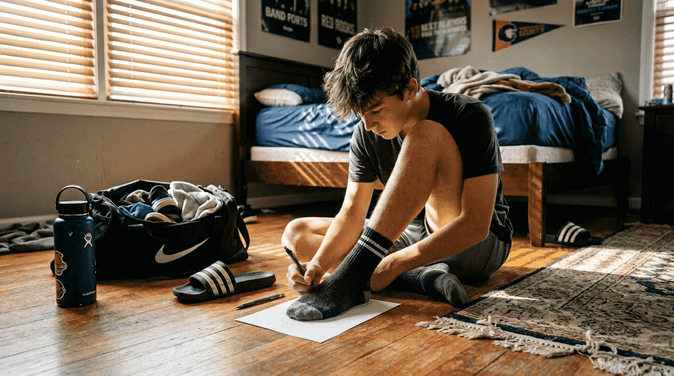 Teen tracing foot on paper measuring for sandals