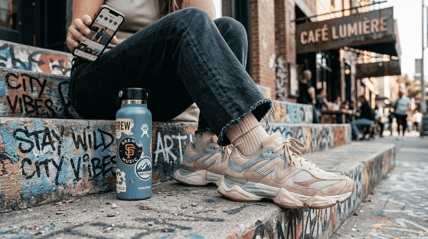 Chunky sneakers worn on city street steps