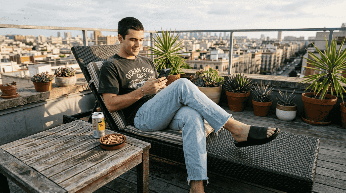 Man styles black slides and jeans on terrace