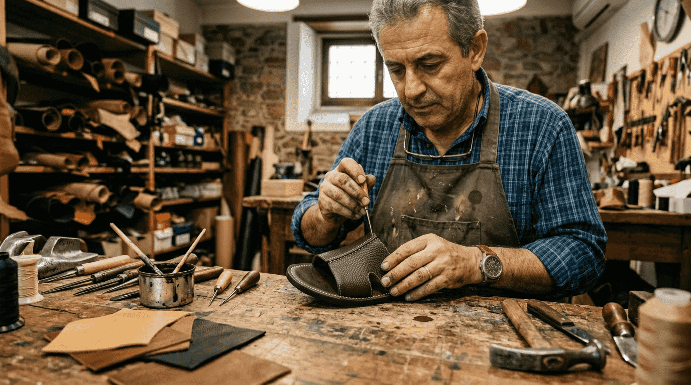 Shoemaker crafting high-end signature slide sandal