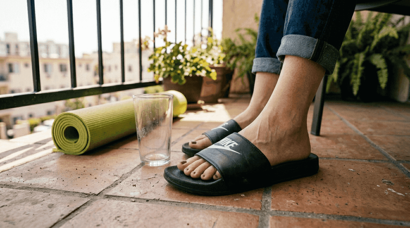 Foot pressing into cushioned slide footbed