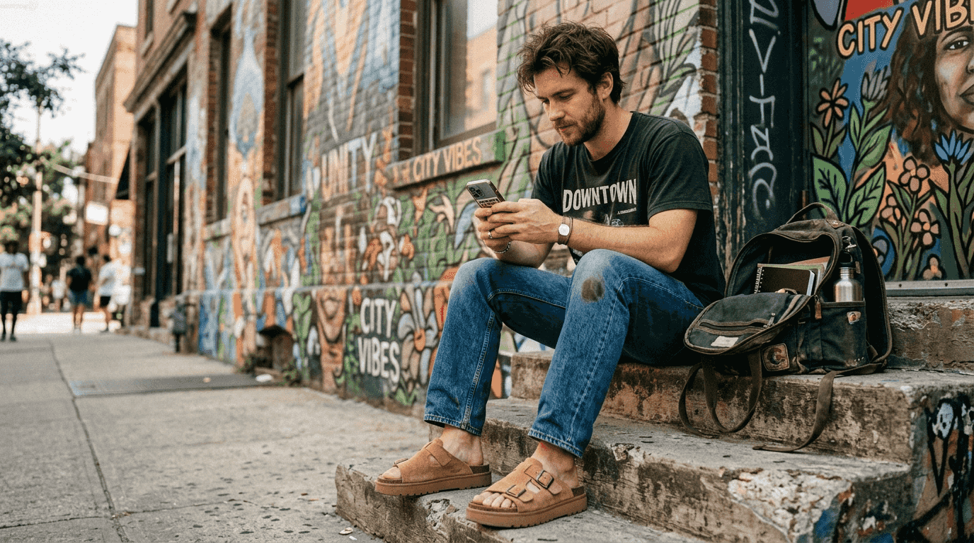 Man in platform slides and jeans relaxing