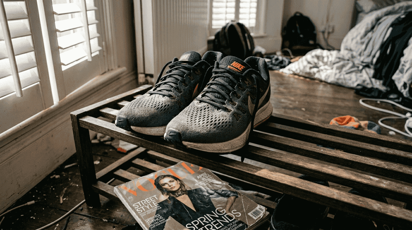 Close-up of ventilated mesh sneakers on rack