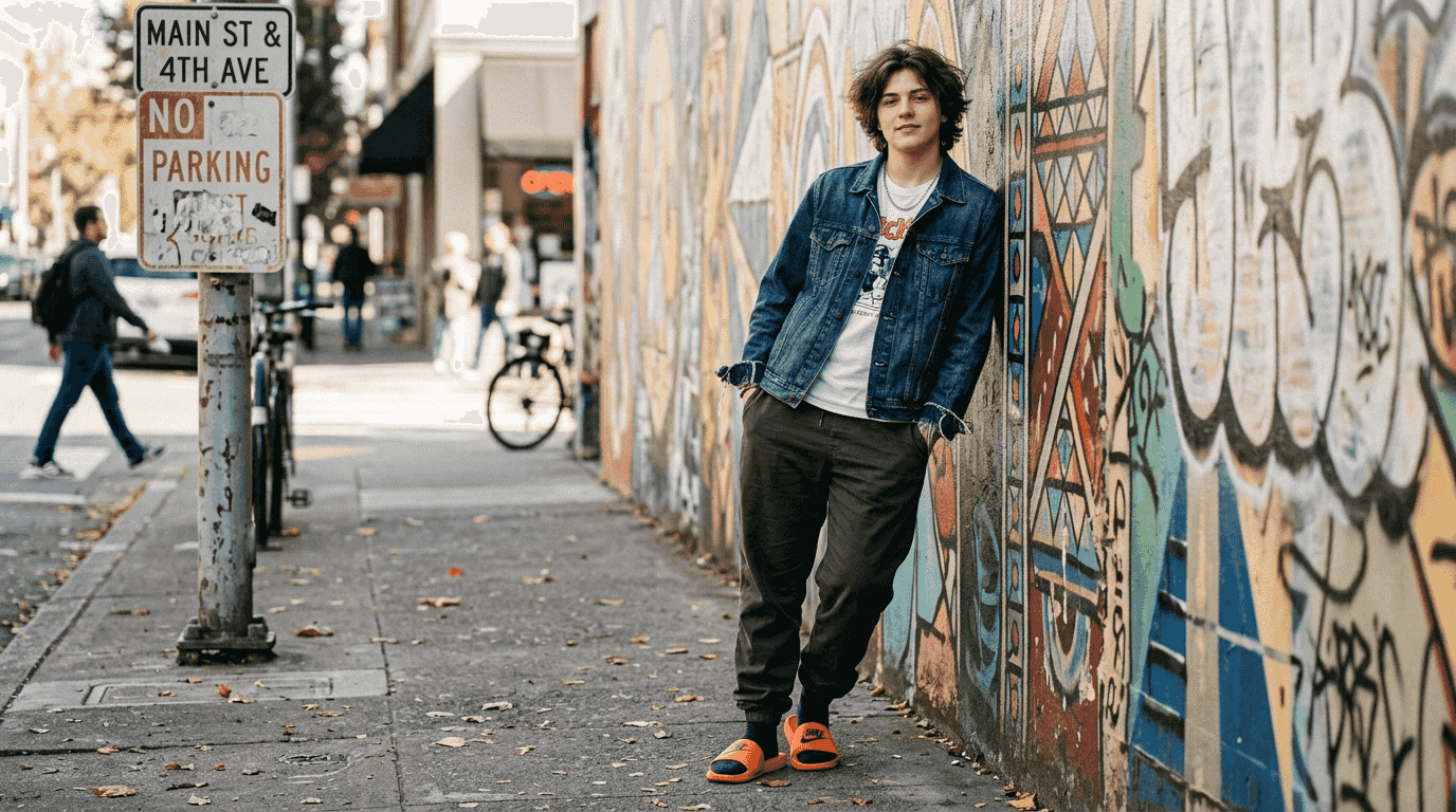 Slides styled with joggers and streetwear fashion
