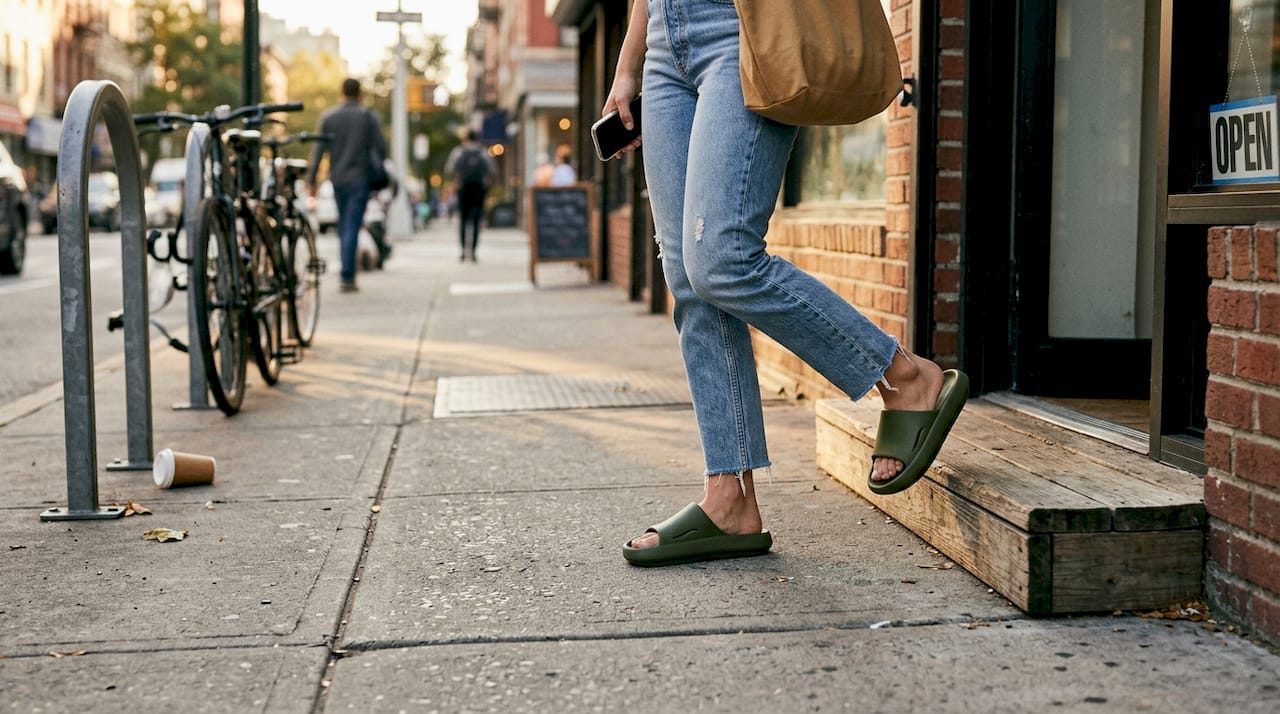 Woman in city streetwear wearing ergonomic slides