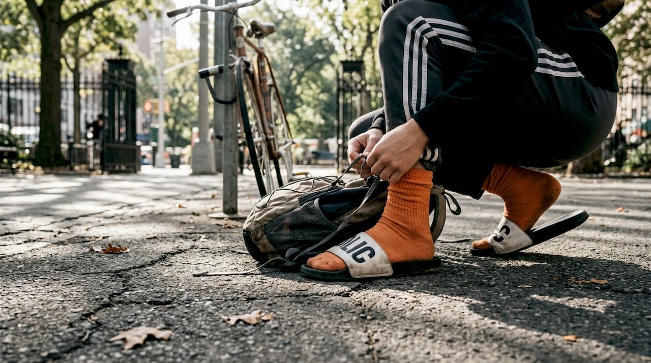 Streetwear slides styled with colorful socks