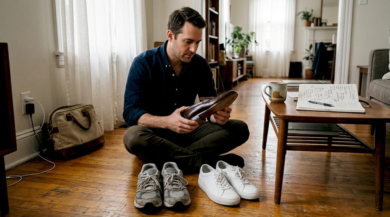 Man comparing shoe quality in living room