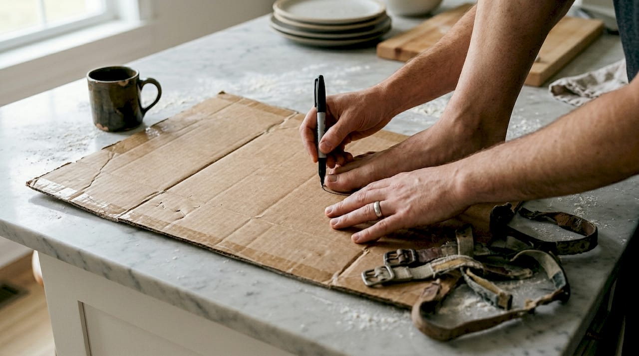 Tracing foot shape on cardboard for slides