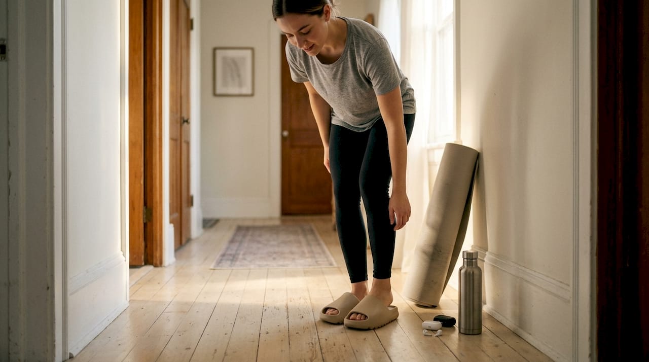 Woman puts on foam slides after workout
