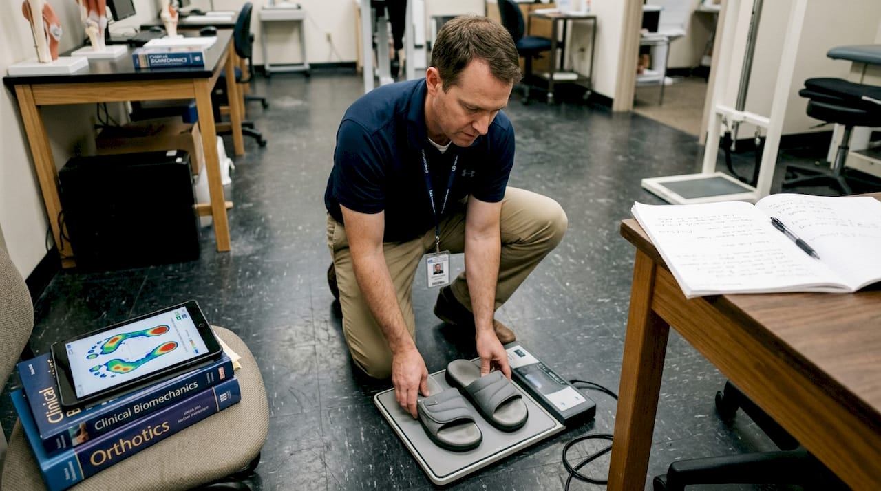 Footwear technician testing cushioned slides