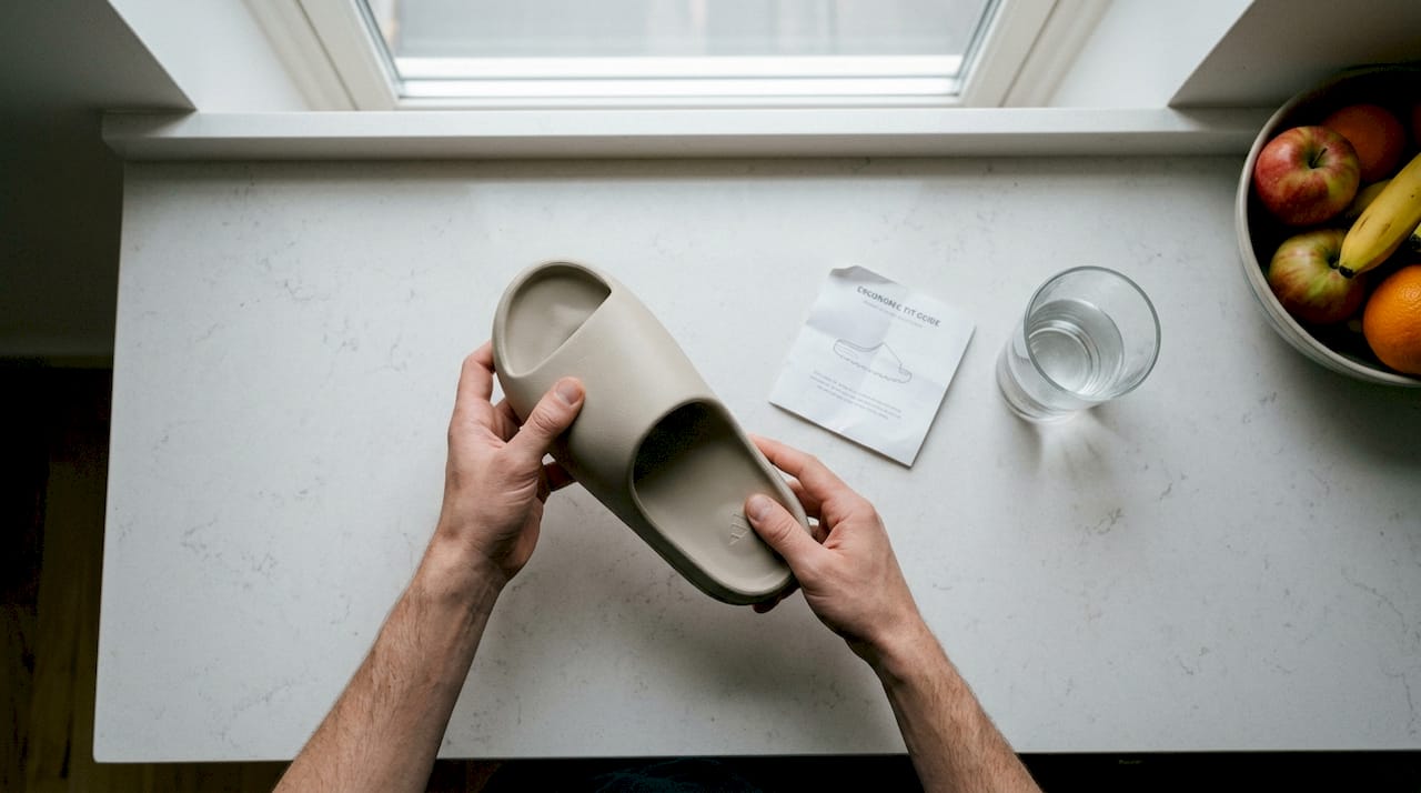 Hands showing ergonomic features of slide sandal