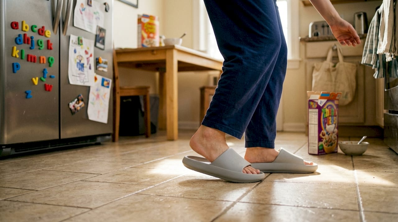 Woman slipping on EVA foam slides in kitchen